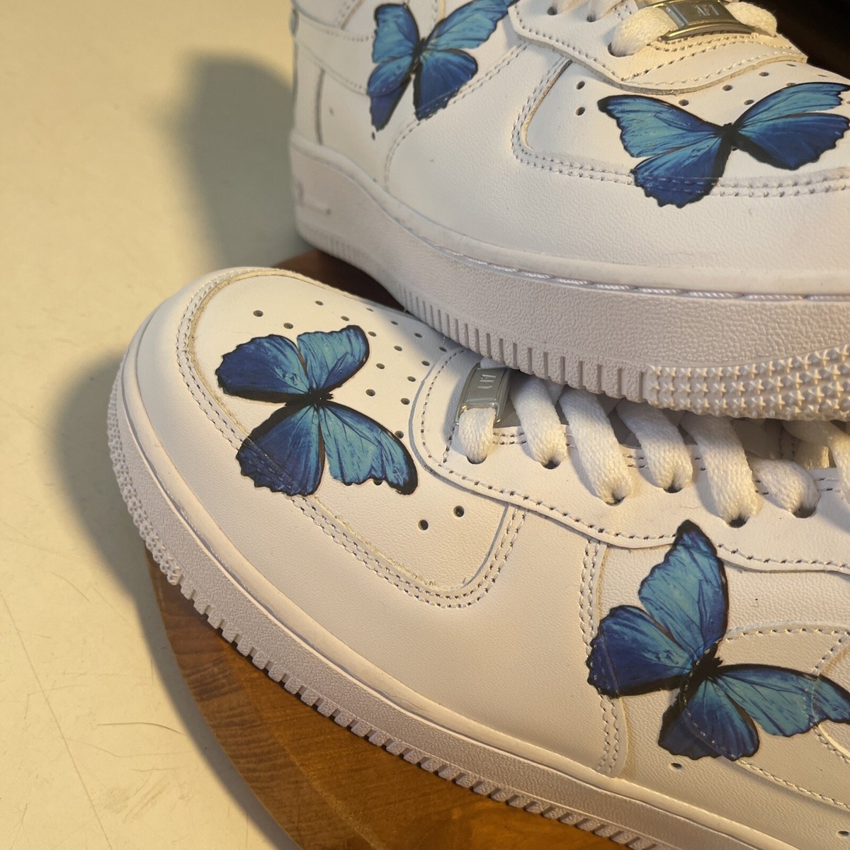 Nike Womens Air Force Low Custom Blue Butterfly White Sneakers