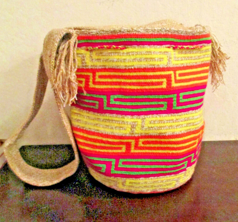 Bolso Wayuu Mochila Bucket Boho Colombia Rioacha Amarillo Púrpura Azul Verde Rosa #25 Foto 2 de 4