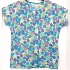 Circle Flowers Size Small Blue Multi Color Scrub Top Medical Nurse Veterinary