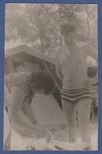 Guy in trunks naked torso and girl in swimsuit on the beach Vintage Phot...