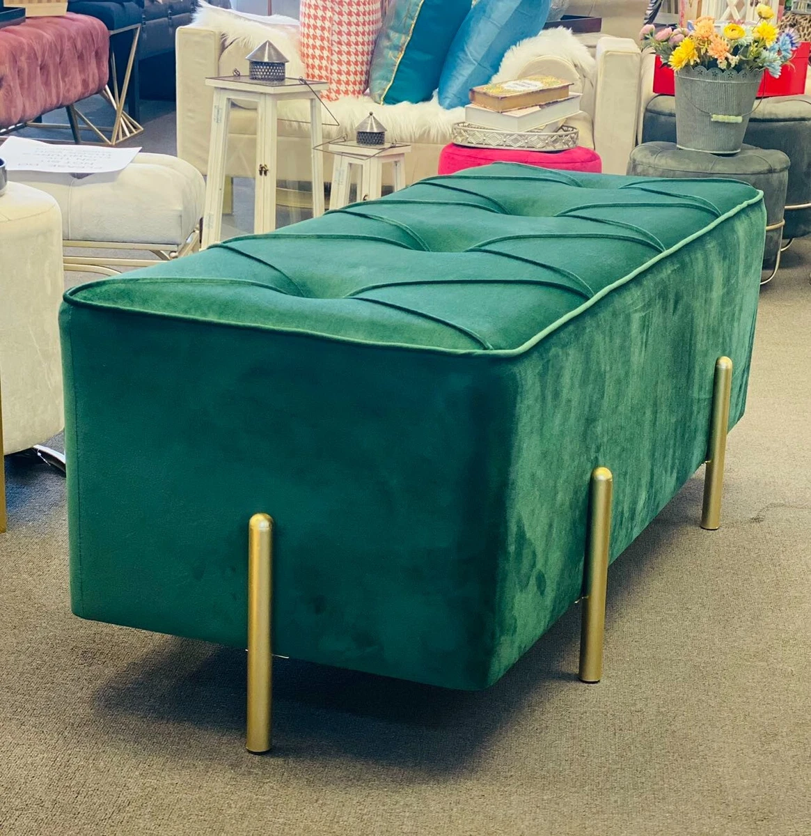 Premium Bed End Velvet Bench Tufted Ottoman with Gold Metal Legs