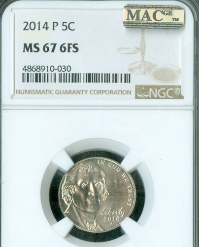 2014 P JEFFERSON NICKEL NGC MS67 FS 2ND FINEST GRADED MAC SPOTLESS .