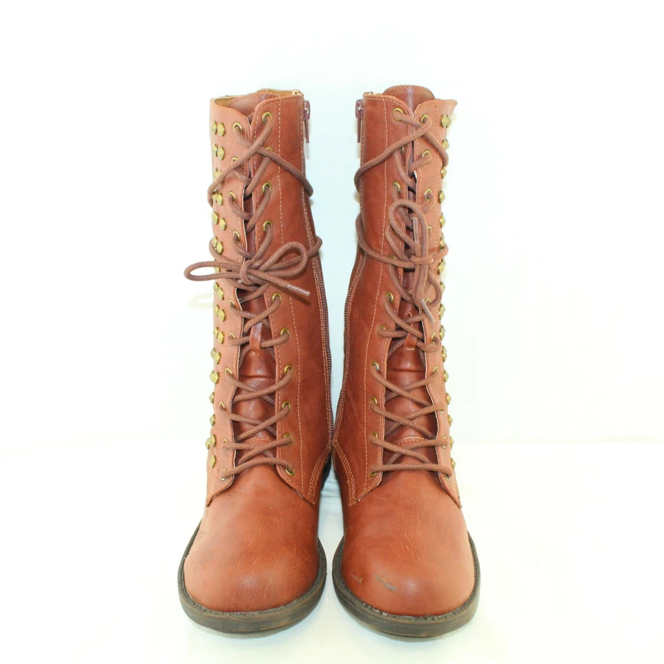 QUPID women's combat boots shoes size 7 M brown faux leather mid calf side zip - Image 4 of 4