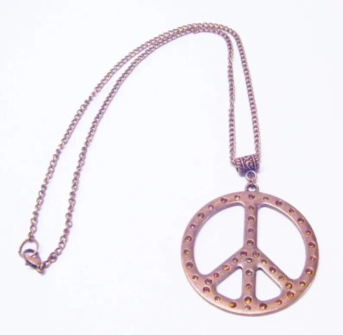 Copper Peace Symbol w/Orange Rhinestones Pendant Necklace - Picture 3 of 8