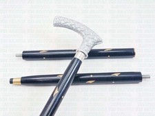 Elegant Walking Stick, Inlay Cane, Wood and Metal, Black and Silver Designer