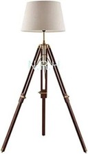 Image of Modern Brown Wood and Antique Brass Tripod Floor Lamp Home Decor Tripod Floor