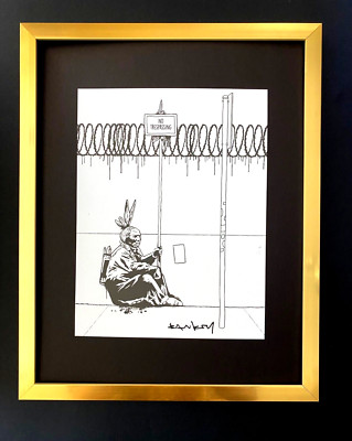 BANKSY + SIGNED '' NO TRESPASSING '' PRINT FRAMED + READY TO DISPLAY BUY IT NOW!