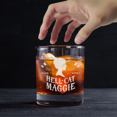 Custom Engraved Hell-Cat Maggie Whiskey Glass   11 oz Standard Rocks Glass