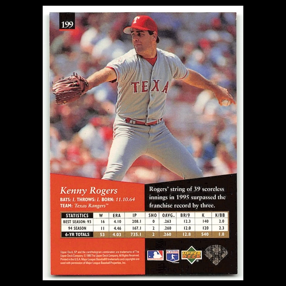 Kenny Rogers #199 1995 Upper Deck SP Texas Rangers Baseball Card MLB NM - Image 2 of 3