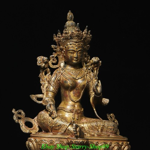 9" Old Tibet Bronze Gilt Green Tara Guanyin KwanYin Goddess Buddha Lotus Statue - Picture 6 of 9