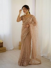 New Traditional Look Golden Net Saree With Blouse For Women Reception Wedding