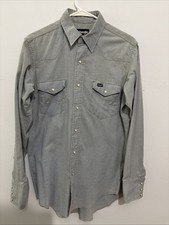 Vtg 80s Cowboy Wrangler Denim Pearl Snap Men s Blue Shirt Pockets Sz 15.5 X 34