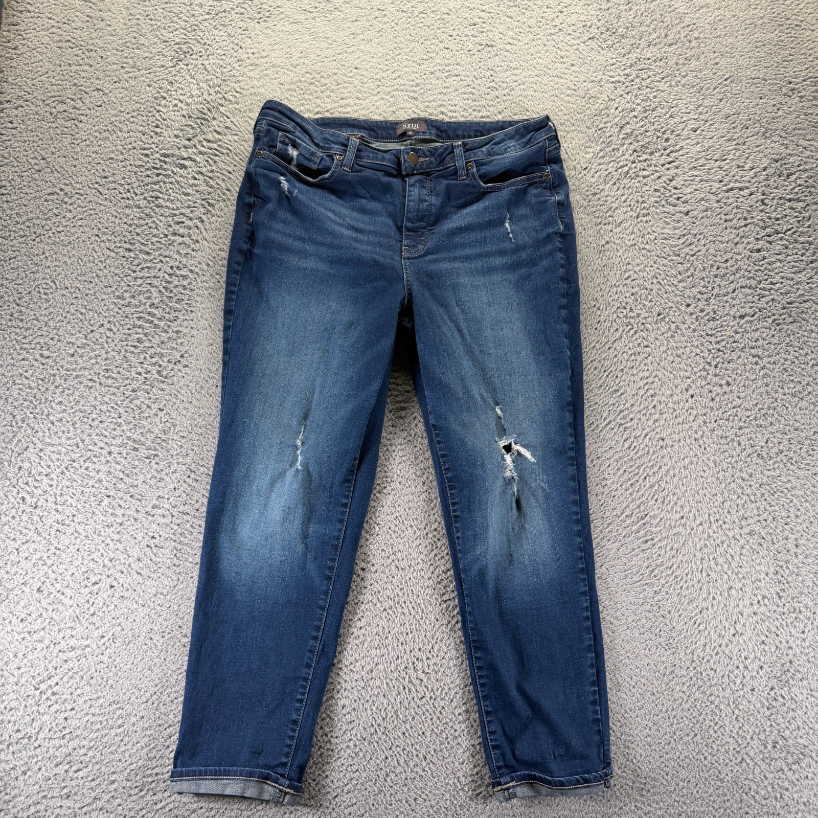 Womens 12 Blue Cotton Denim Tapered Distressed Workwear Fade