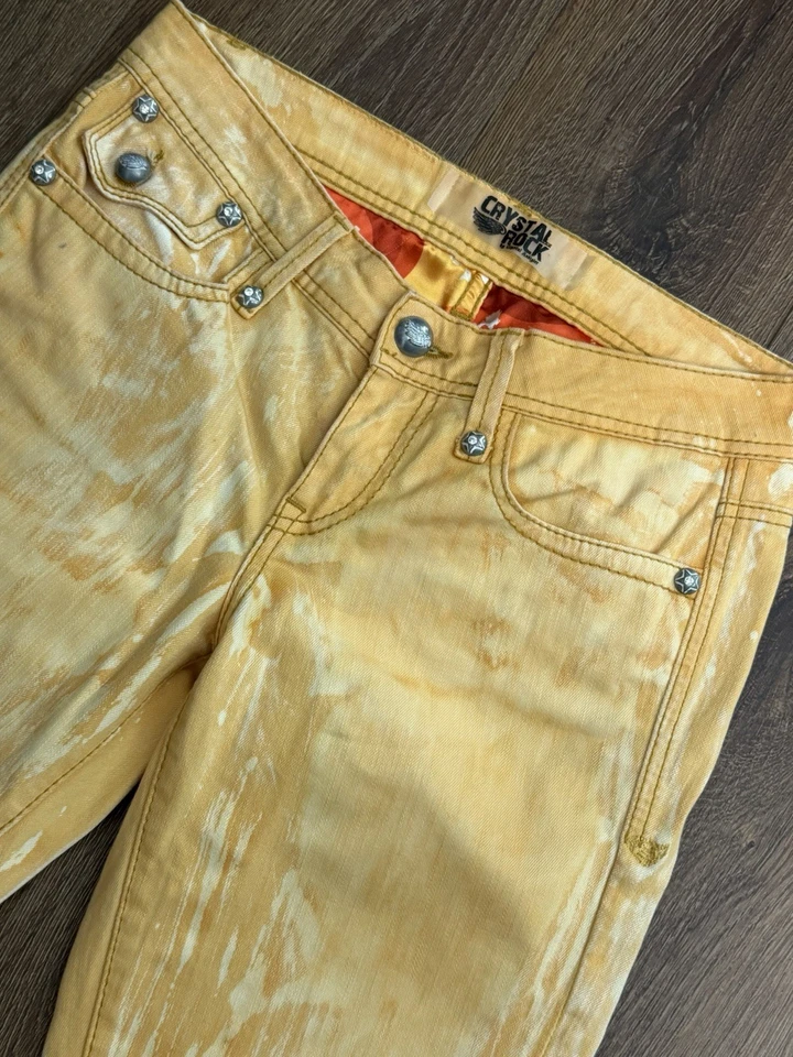 Crystal Rock Christian Audigier Skinny Leg Yellow Raw Hem Streetwear Jeans Sz 30 - Image 2 of 3