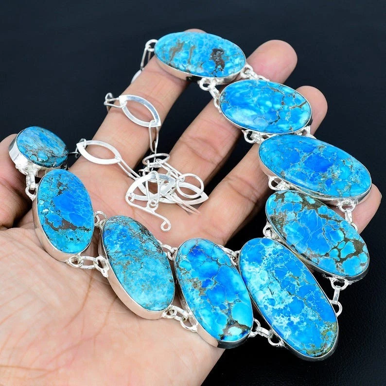 Collar de joyería de plata de ley 925 hecho a mano con piedras preciosas turquesa Foto 3 de 4