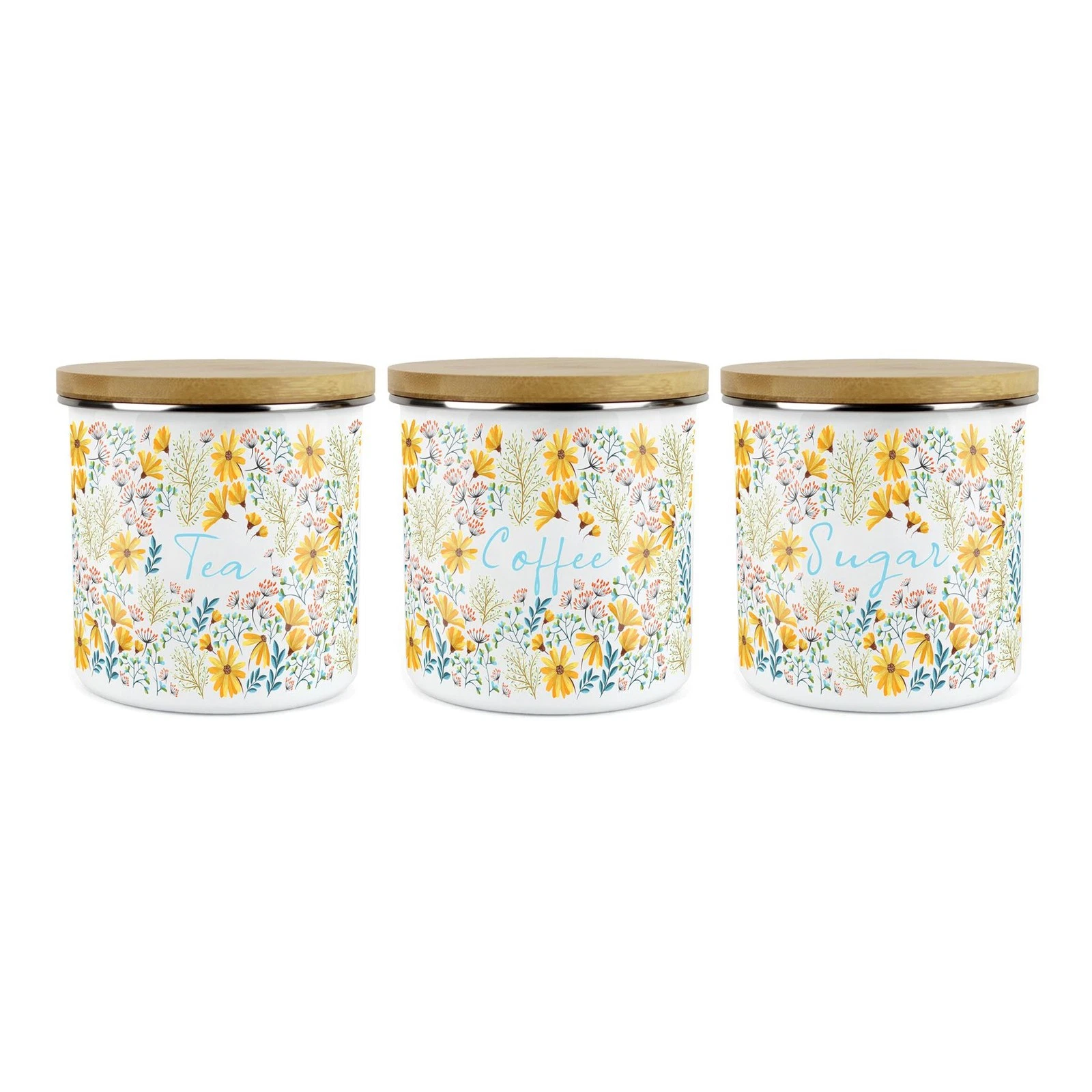 Tea, Coffee & Sugar Storage Canisters - 3x Floral Daisies Enamel Container