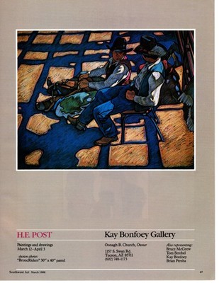 1982 H. E. POST ART EXHIBIT ADVERT ''BRONCRIDERS'' COWBOY WEST ART GALLERY AD
