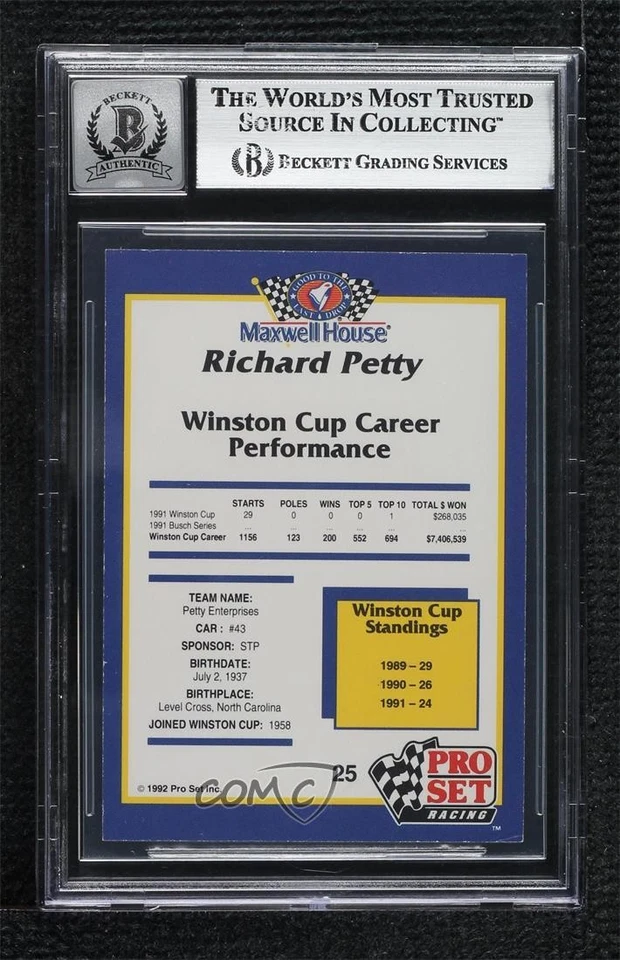 BAS 1992 Pro Set Maxwell House Racing Richard Petty #25 BGS Authentic Auto HOF - Image 2 of 2