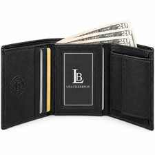 MEN SLIM COMPACT ID COIN POCKET TRIFOLD WALLET BLACK BRAND LEATHERBOSS