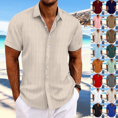 2026 Men Striped Button Down T Shirts Grandad Summer Short Sleeve Casual Tops