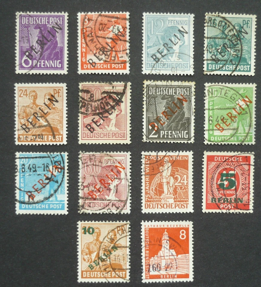 Berlin 1949, Schwarz-, Rot- und Grünaufdrucke, UPU, Lot aus Nr. 1-65, gestempelt - Bild 1 von 1