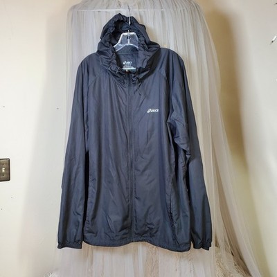 Asics Silver Packable Jacket Mens XL Black Hooded Windbreaker Water Resistant