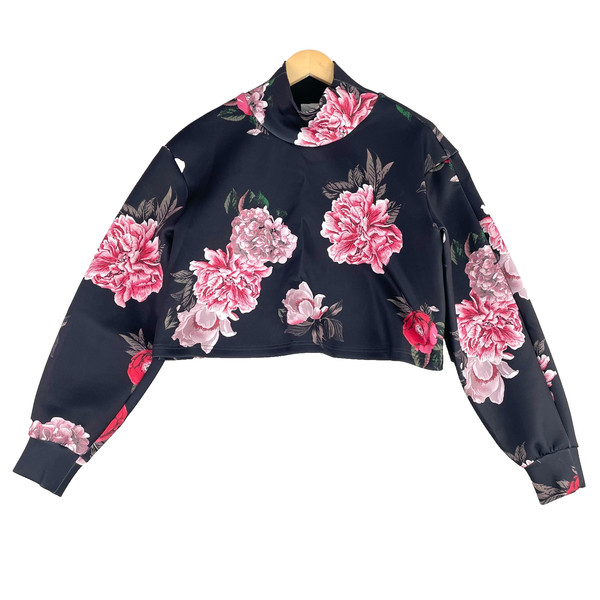 C/Meo Collective Cropped Sweatshirt Womens Size S Black Floral Mock Neck Stretch