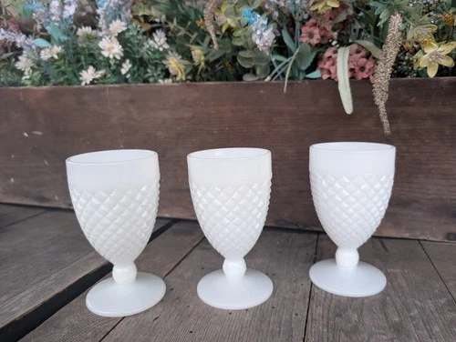 Vintage Unmarked White Milk Glass Diamond PatternedDrinking Goblets (3)