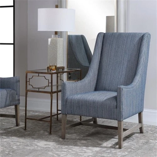 Uttermost Galiot Coastal Wood and Fabric Wingback Accent Chair in Blue and White - Picture 3 of 10