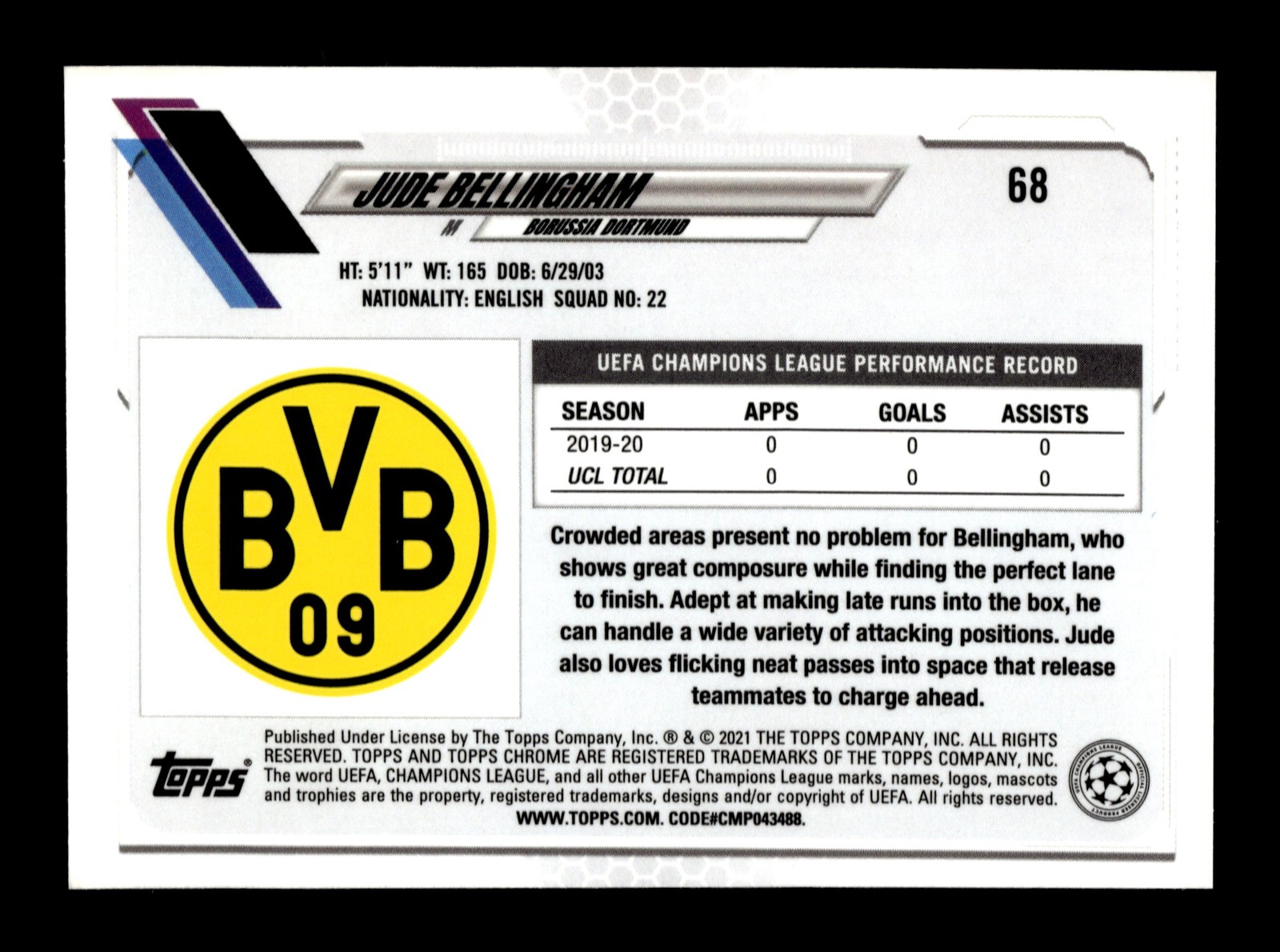 2020-21 Topps Chrome UEFA Champions League #68 Jude Bellingham ROOKIE RC view 2