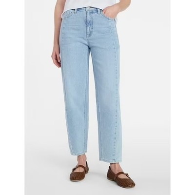 Time & Tru Women's High Waisted Barrel Leg Jeans Light Wash Denim