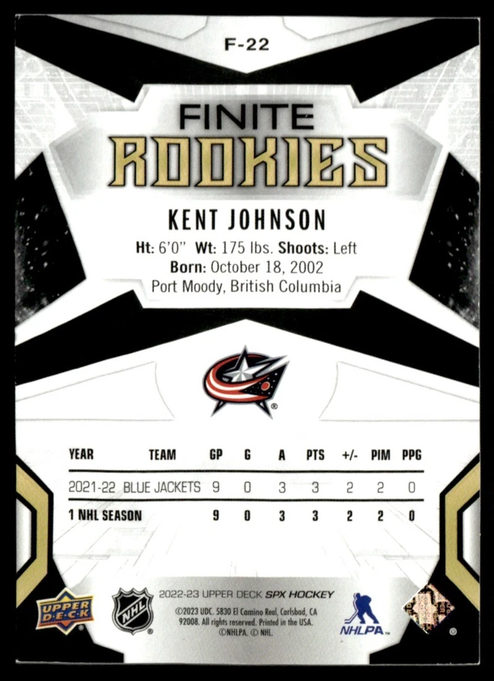 2022-23 SPx Finite Rookies Gold Kent Johnson Rookie 113/299 #F-22 - Image 2 of 2