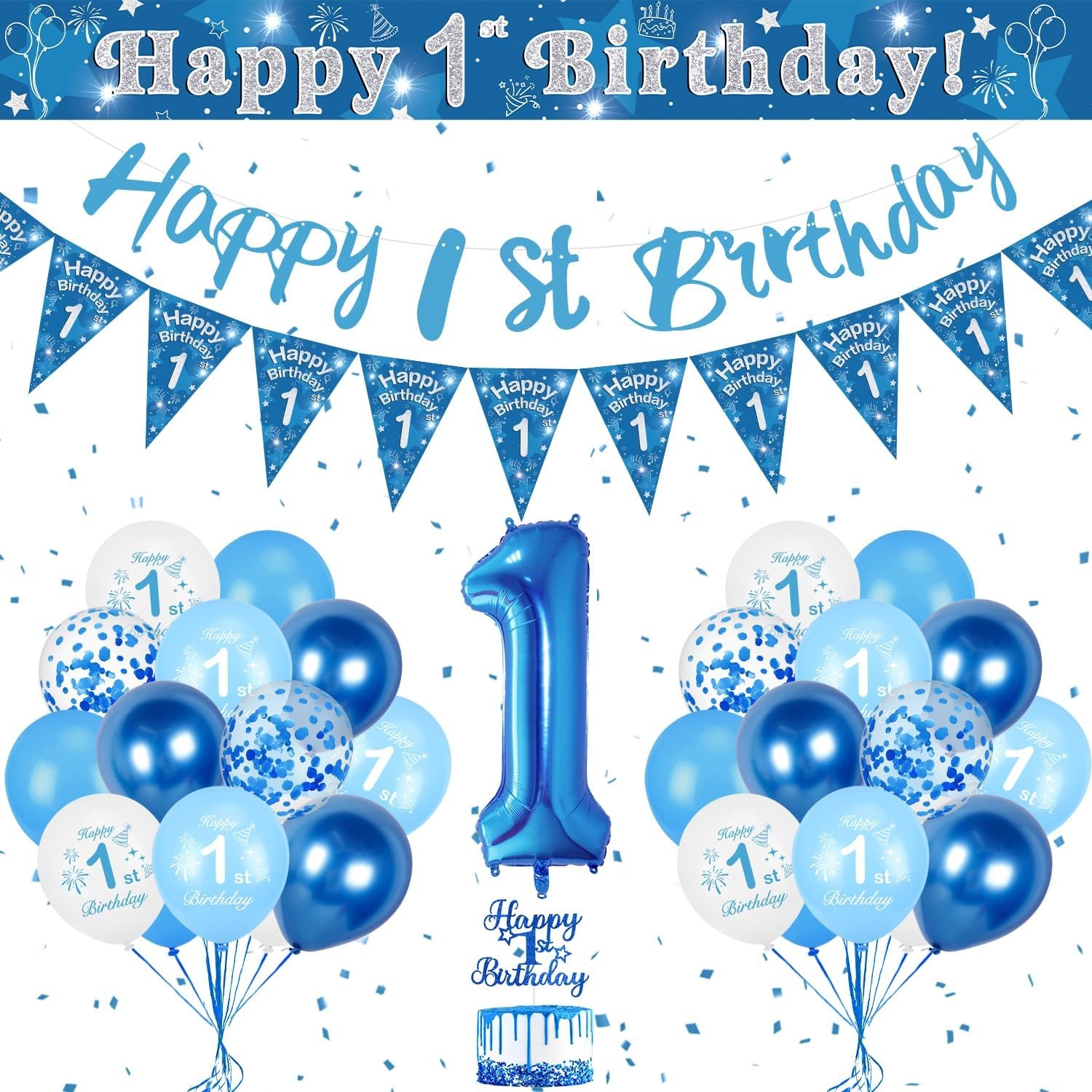 1st Birthday Decorations for Boys, Blue 1st Balloons Happy Birthday Banner for