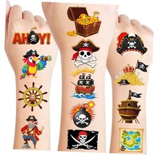 96 PCS Pirate Pre-Cut Temporary Tattoos for Kids, Pirate Ship Nautical Themed