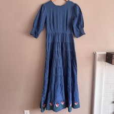 RIXO Kristen Embroidered Chambray Denim Maxi Dress Floral Hem Size S / US 6