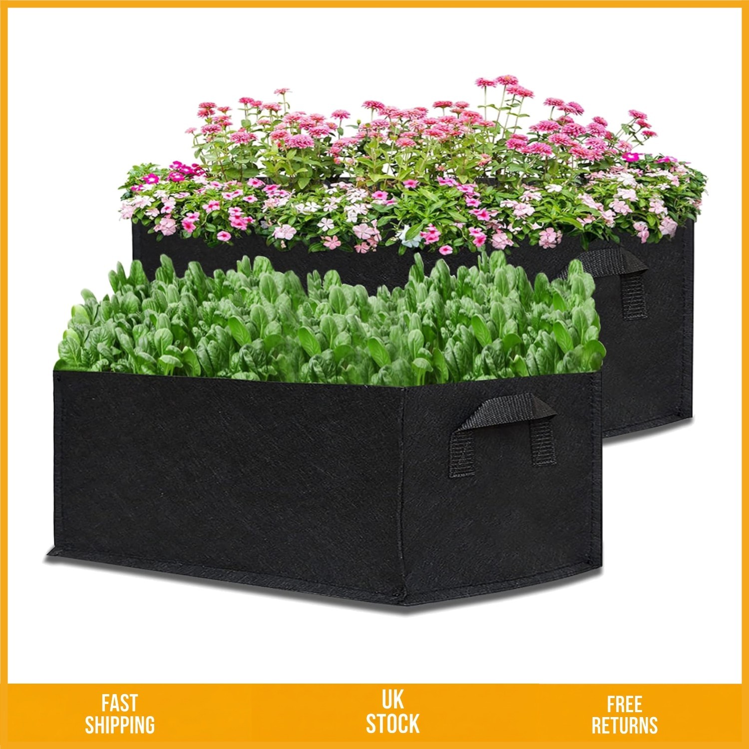 Breathable Square Fabric Raised Garden Planter Grow Bed Black 2 Pack