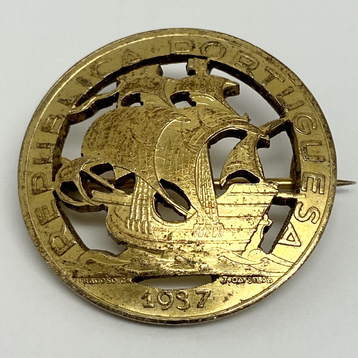 1937 Escudos Republica Portuguesa 835 Silver Coin Brooch Pin Gold Tone 10.3g