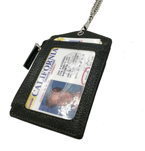 Black Genuine Leather ID Badge Holder Lanyard Card Holder Wallet Neck Strap - Picture 2 of 10