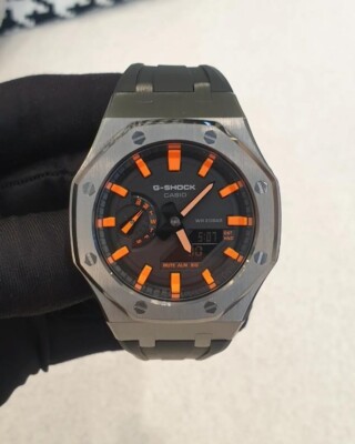 Custom Casio G-Shock GA-2100, CasiOak -Titanium Grey Orange accent Black  strap UK