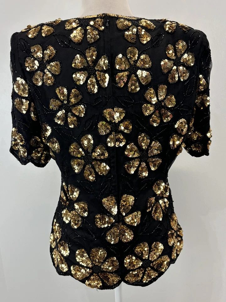 Blusa Camisa De Colección Stenay Lentejuelas Talla Mediana Para Mujer Negra Dorada Margarita Floral Años 80 Foto 3 de 4
