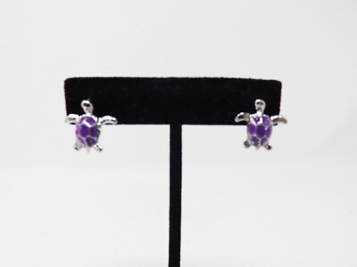 Silver & Purple Turtle Pierced Stud Earrings - New