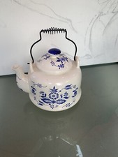 Vtg - Blue  White Floral Design Teapot With Attached Wire Handle Made In Japan