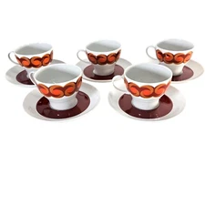 1970's Modern Thomas Rosenthal Tea Cups and Saucers Porcelain Orange Set of (5)