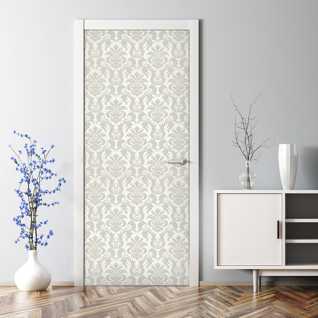 Floral damask Bubble Free Door sticker grey and white Decal Home Decor