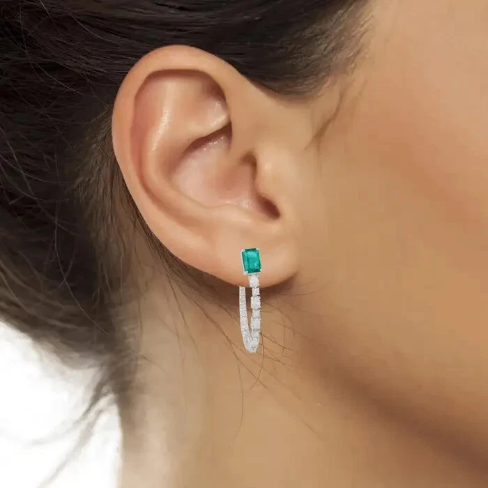 Vivid Green Emeralds & Simulated White Sapphires Premium Hoop 935 Silver Earring - Image 2 of 4