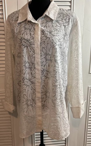 Susan Graves Floral Print White Blouse Size L Bust 23 1/2”