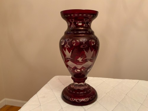 Vintage Ruby red glass cut to clear vase Germany flat bottom very rare 8" - Picture 6 of 11