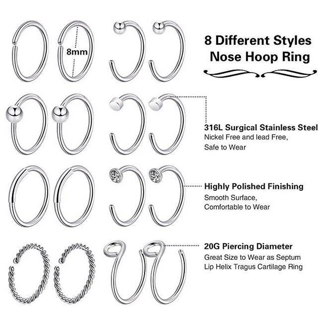 16-64 piezas aro nariz labio anillo piercing circonita cúbica tornillo forma L hueso tachuelas nariz anillo 20G Foto 3 de 4