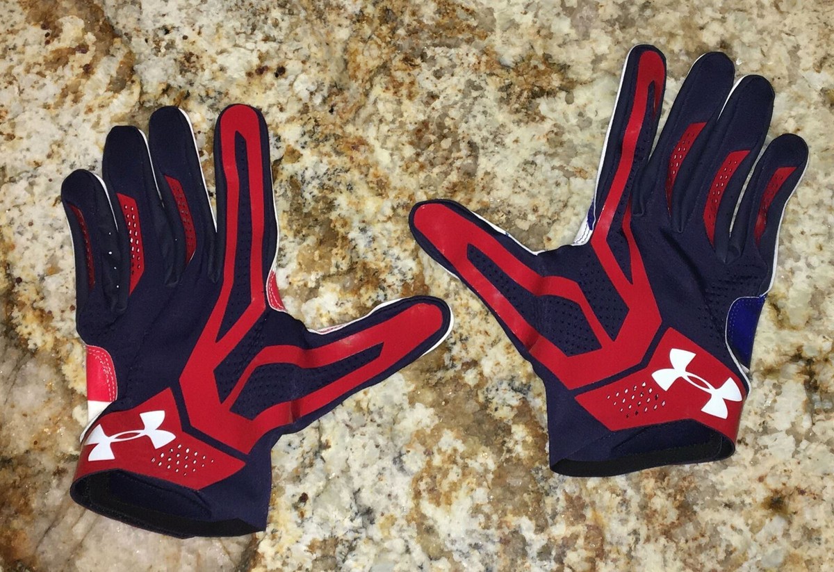 UNDER ARMOUR NFL Spotlight Navy Blue Red White Football Gloves NEW