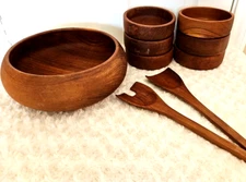 VTG Kalmar Teak Wood Salad Bowl Utensils Serving Bowls MCM Boho Decor Set of 9